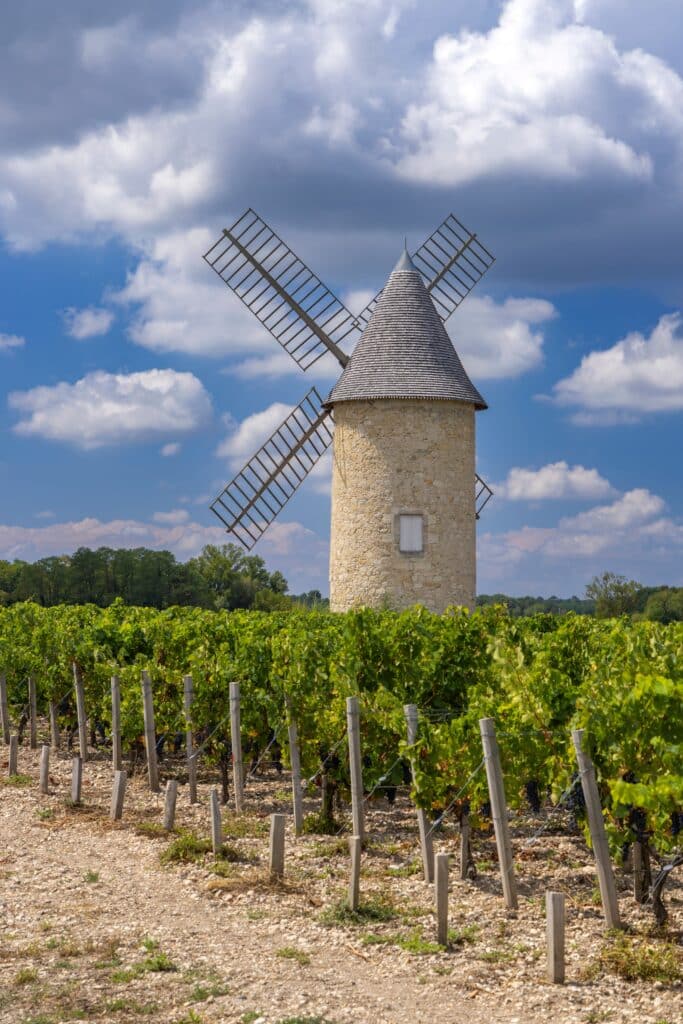Moulin à Vent et Vignes : Magnifique Paysage de France Moulin à vent en pierre traditionnel au milieu des vignes sous un ciel bleu nuageux.
