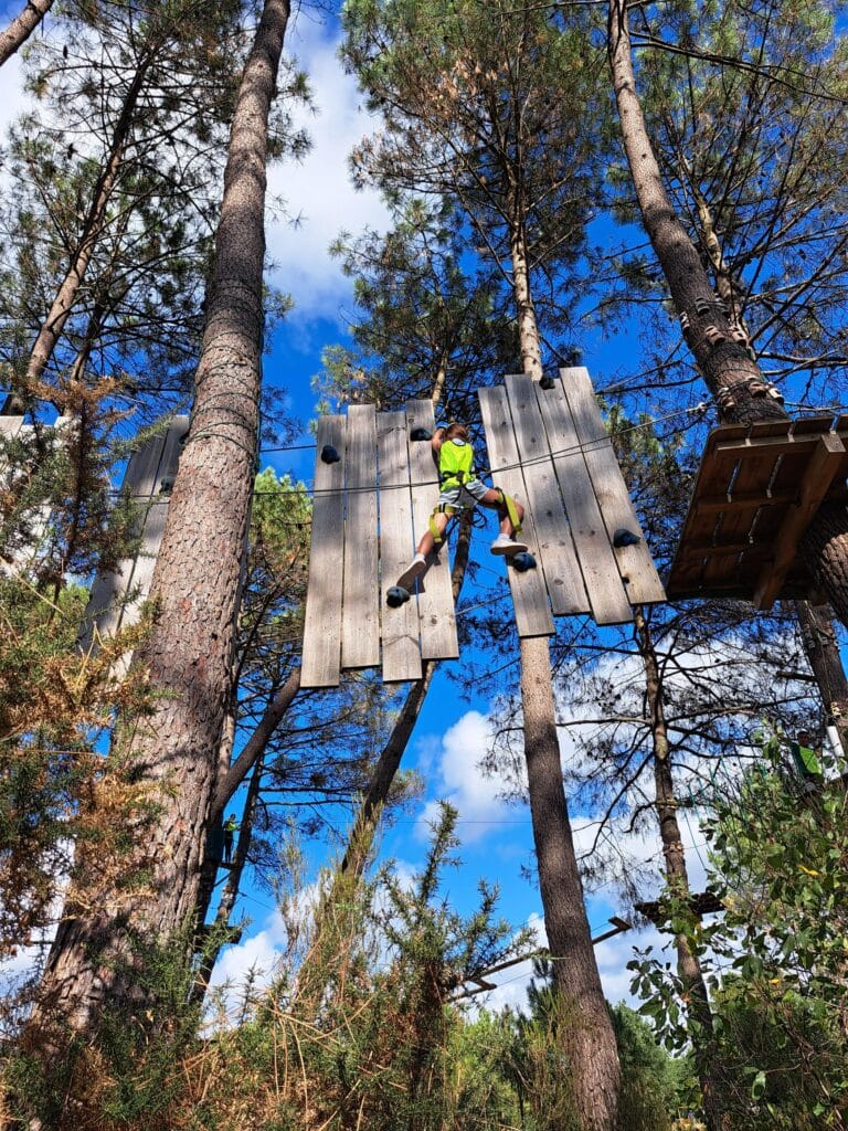 Personne en gilet fluo sur un mur d'escalade suspendu entre des pins, parcours aventure en forêt sous un ciel bleu.