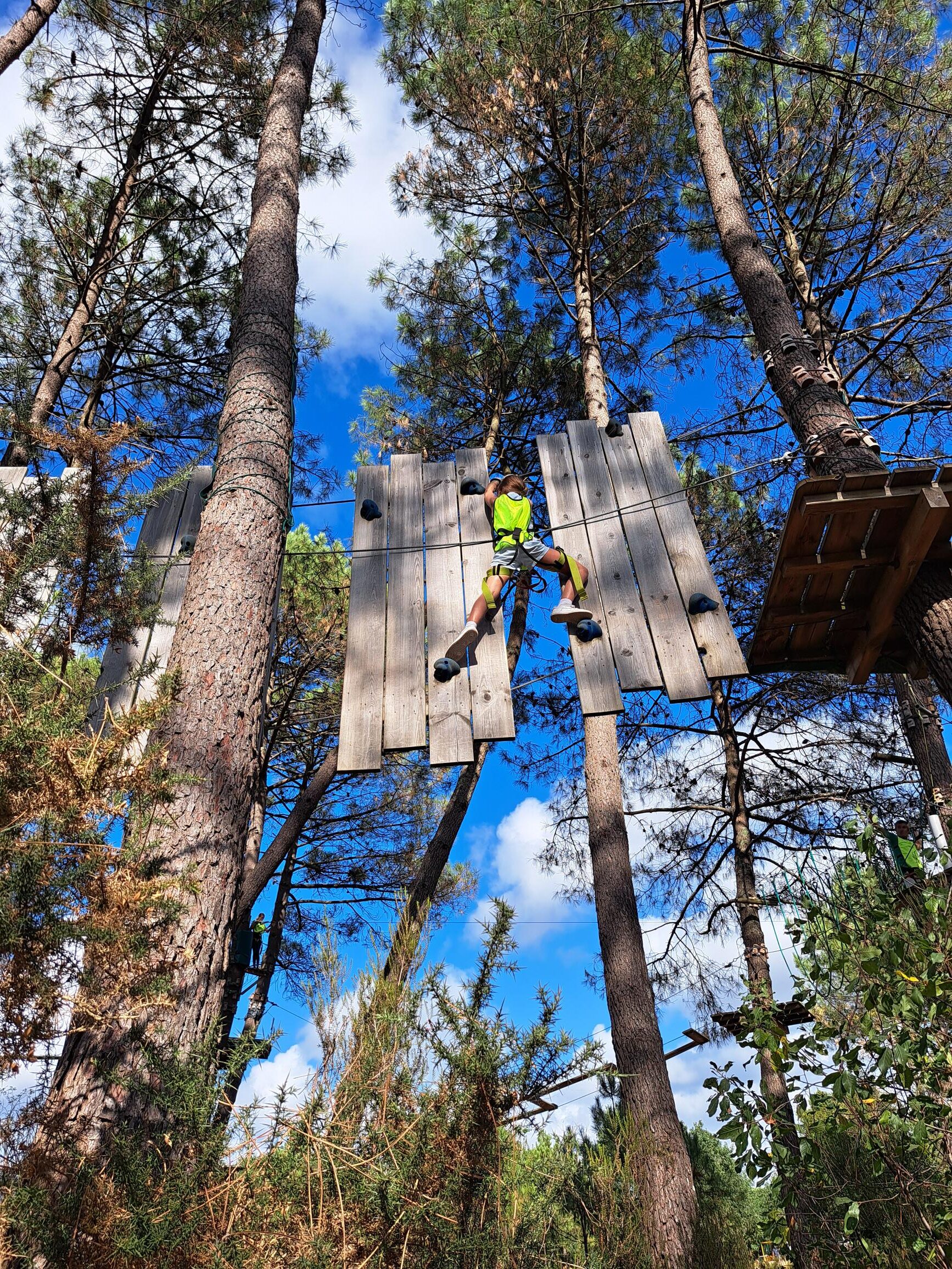 Personne en gilet fluo sur un mur d'escalade suspendu entre des pins, parcours aventure en forêt sous un ciel bleu.