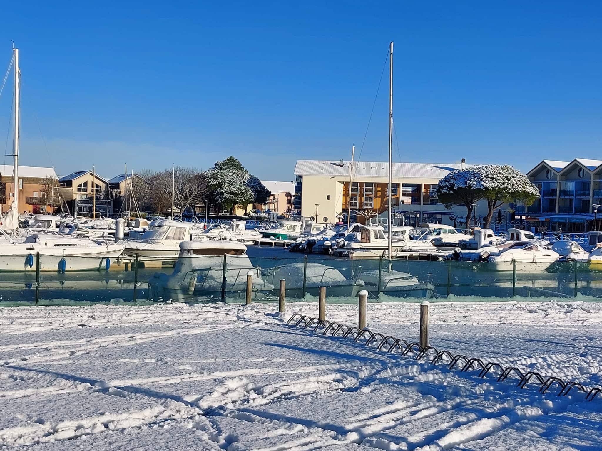 Port de plaisance enneigé sous un ciel bleu avec bateaux et pontons recouverts de neige en hiver.